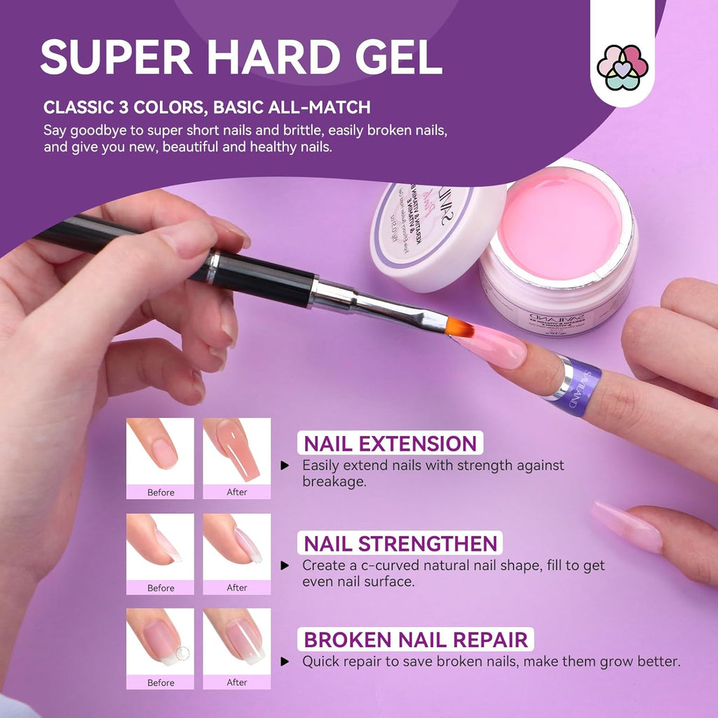 SAVILAND Builder Nail Gel Set with Nail Drill - 3 Pcs Hard Gels(VE&VB5&Kerain) Clear Pink Nudes Builder Nails Gel with Lamp Brush Nails Strengthener Gels for Extension Shaping DIY at Home Salon
