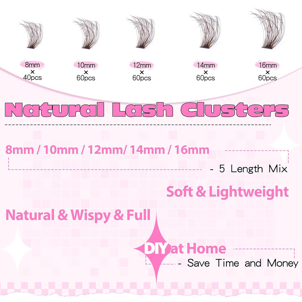 Brown Lash Clusters Eyelash Extensions 280pcs Volume Eyelash Clusters Lash Extensions 8-16MM D-Curly Wispy Individual Lashes