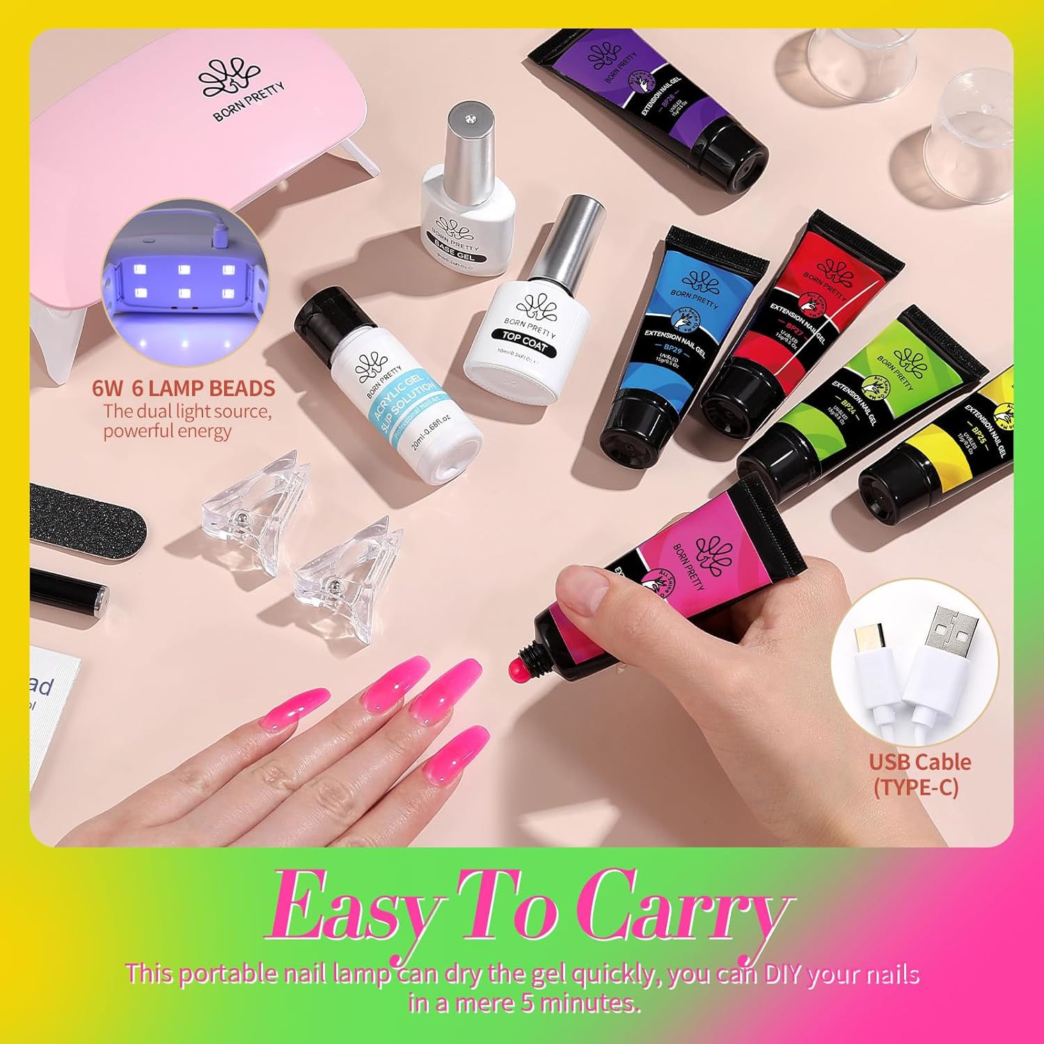 BORN PRETTY Neon Extension Nail Gel Kit-6 Colors Gel Kit Neon Pink Blue All-In-1 with Nail Lamp Base Top Coat Set Nail Forms French Manicure Set