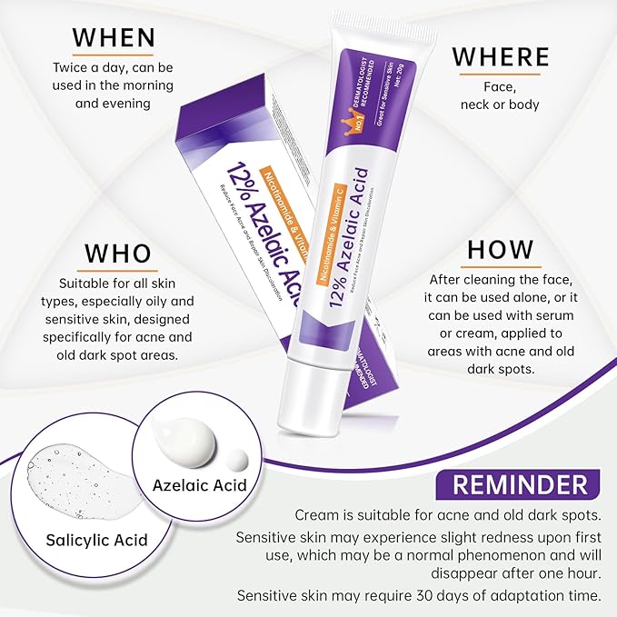 Azelaic Acid 12% Cream For Face, Azelaic Acid Acne Cream For Rosacea Treatment, Redness Relief, 0.7 OZ Azelaic Acid Gel With Salicylic Acid & Niacinamide For Dark Spot, Skin Care.