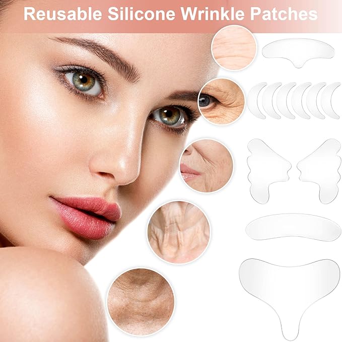 Patelai 22 Pcs Reusable Face and Forehead Wrinkles Patches Overnight Silicone Chest Neck Wrinkle Patches Pad Eyelid Lifter Strips for Face Forehead Neck Decollete Cheek Eye Pads Beauty