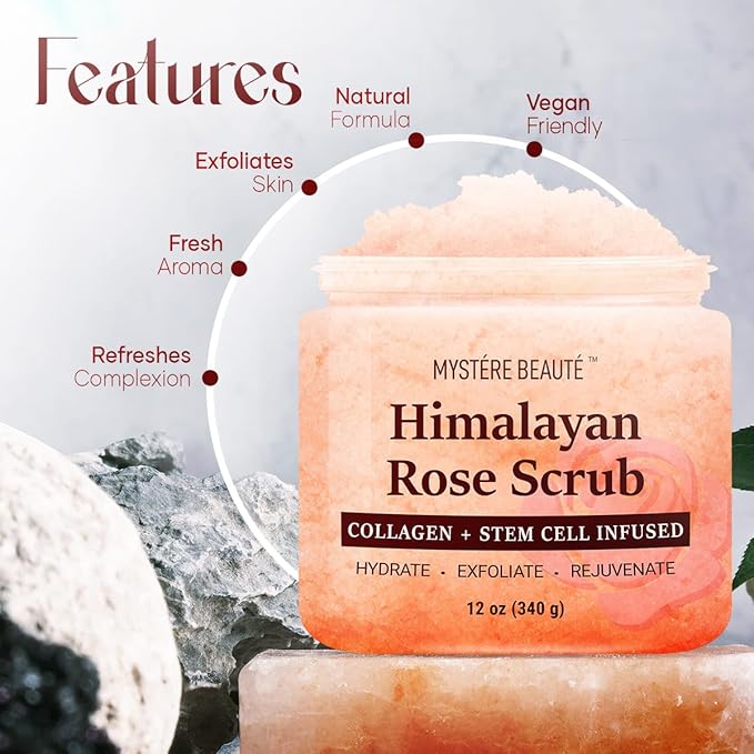 Himalayan Salt Body Scrub 12 oz - with Collagen and Stem Cells - Exfoliating Salt Scrub for Cellulite - Deep Cleansing for Acne, Scars, Wrinkles - Moisturizes Skin