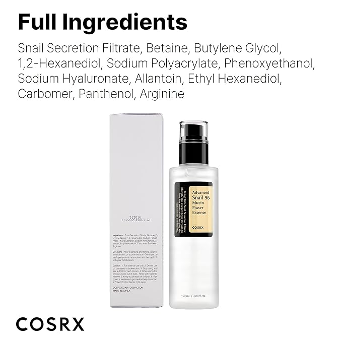 COSRX Snail Mucin 96% Power Repairing Essence 3.38 fl.oz, Hydrating Serum for Face with Snail Secretion Filtrate, Mothers day gifts for mom, Korean Skin Care