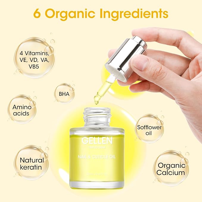 Gellen Nail and Cuticle Oil for Growth Strength, Radiant Vitamin E Nail Growth Oil, Organic Skin Cuticle Nail Care Moisturizer Nourishing Oil for Hydrating, Moisturizing, Strengthening, Repairing