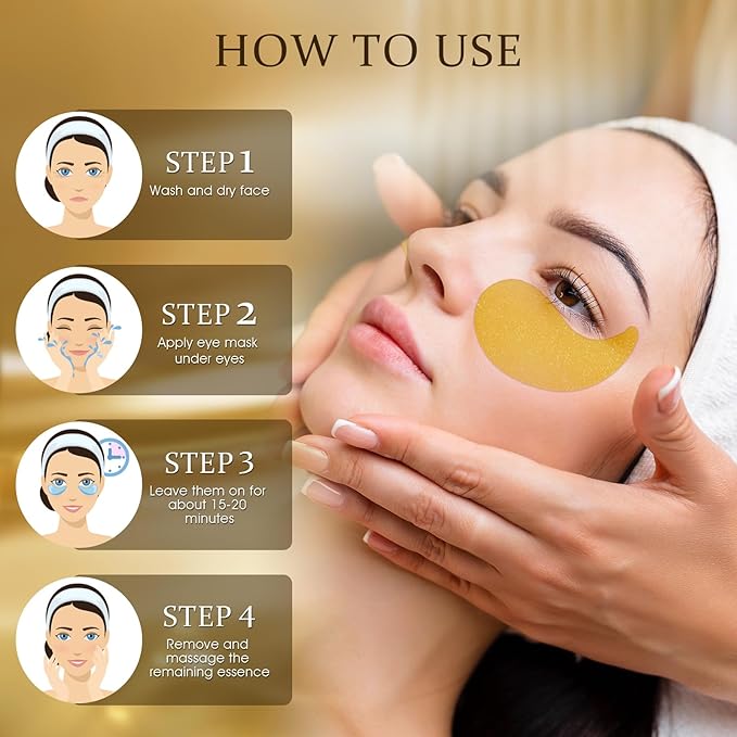 Hydrogel Eye Patches for Dark Circles, Puffy Eyes & Wrinkles - Collagen & Hyaluronic Acid Infused Under Eye Masks, Hydrating Firming Care, Fine Lines,Eye Bags Reduction (60 Pcs) Gold