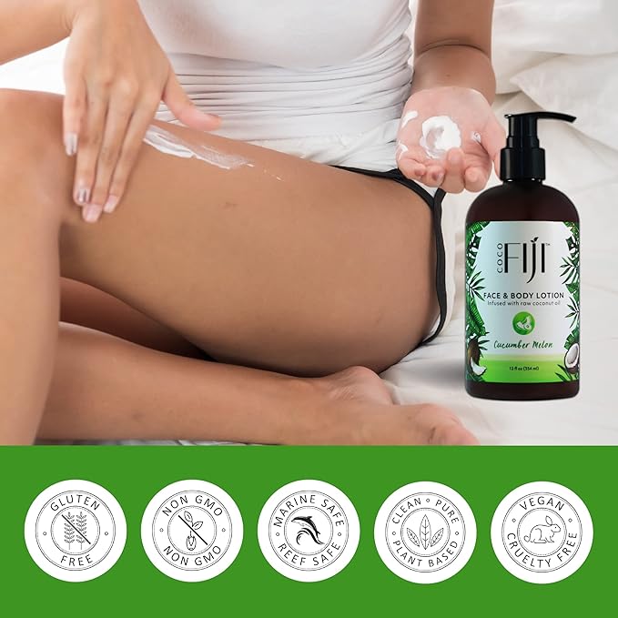 Coco Fiji Face & Body Lotion Infused With Coconut Oil | Lotion for Dry Skin | Moisturizer Face Cream & Massage Lotion for Women & Men | Cucumber Melon 12 oz, Pack of 1