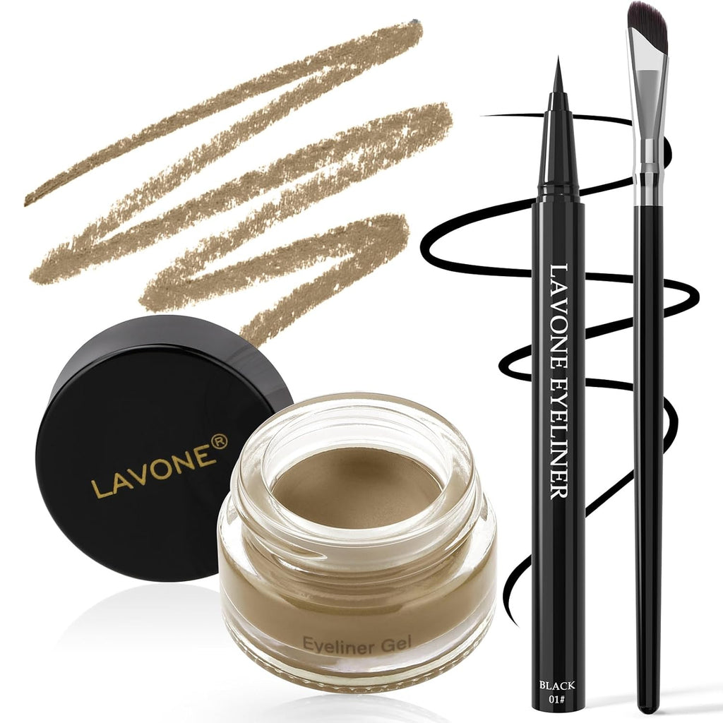 LAVONE Eyeliner Set - Waterproof Makeup Kit with Liquid eyeliner Pencil, Gel Eyeliner & Angled Eye liner Brush, Waterproof, Smudge Resistant, Long Lasting Formula - Blonde
