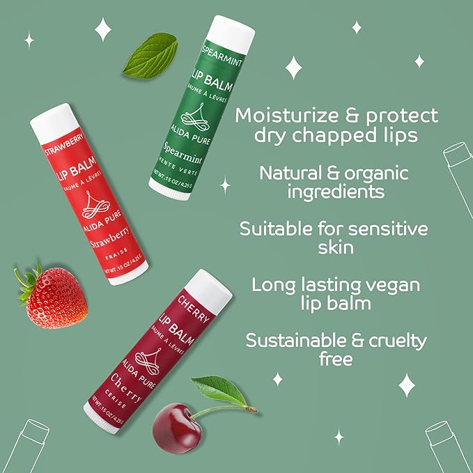Berry Mint Lip Balm Collection, Vegan Lip Balm Set, Bees Wax Free, Coconut Oil Free, Avocado Oil, Organic Jojoba Oil, Vitamin E, Natural Moisturizer For Dry Cracked Lips, 3 Tube Set