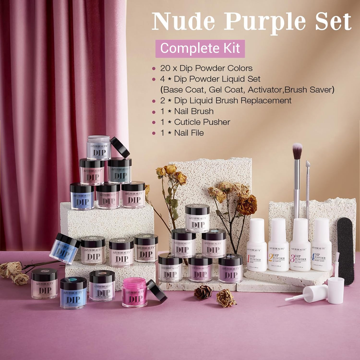 AZUREBEAUTY Dip Powder Nail Kit Starter 20 Colors Nude Brown Glitter Purple Blue Dipping Powder Liquid Set with Top/Base Coat Activator for French Nail Art Manicure DIY Salon Gifts for Women