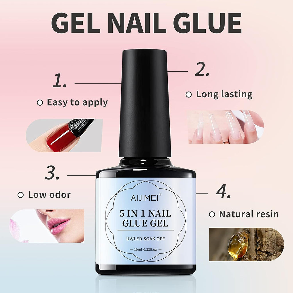 AIJIMEI 5 in 1 Nail Glue Gel False Nail Glues for Acrylic Nails Nail Tips Clear Press On Nail Gel Base Coat Top Coat Nail Extension Gel Adhesive Rhinestone Glue Nail Strengthener Required