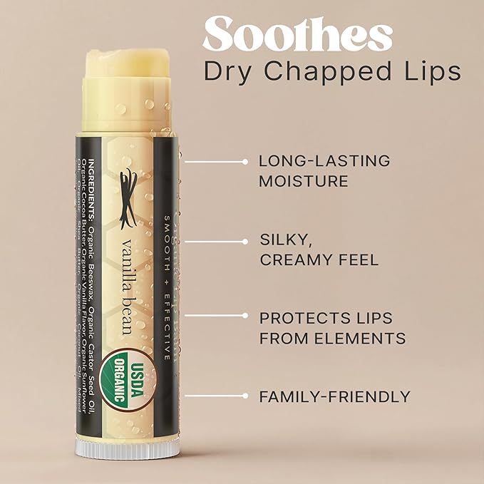 USDA Organic Lip Balm - USA Made with Natural Ingredients, Beeswax Vanilla Chapstick for Dry Lips, Gifts for Women, Birthday Gifts for Her & Him, Hydrating Lip Balm Beauty Gifts, Natural Chapstick