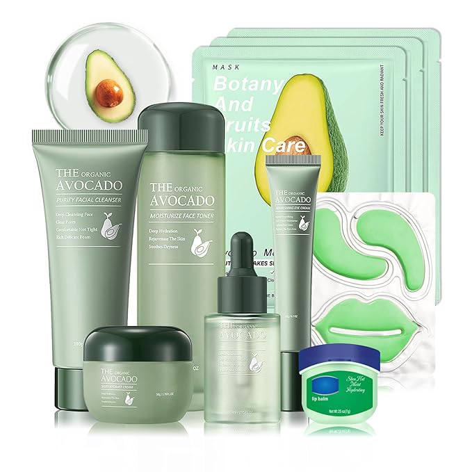 10 Pcs Avocado Skin Care Set with Facial Cleanser,Toner,Face Serum,Face Cream,Eye Cream,Moisturizing Lip Balm,Under Eye Patch and Lip Mask,Hydrating Face Sheet Masks Skin Care Kit for Women and Men