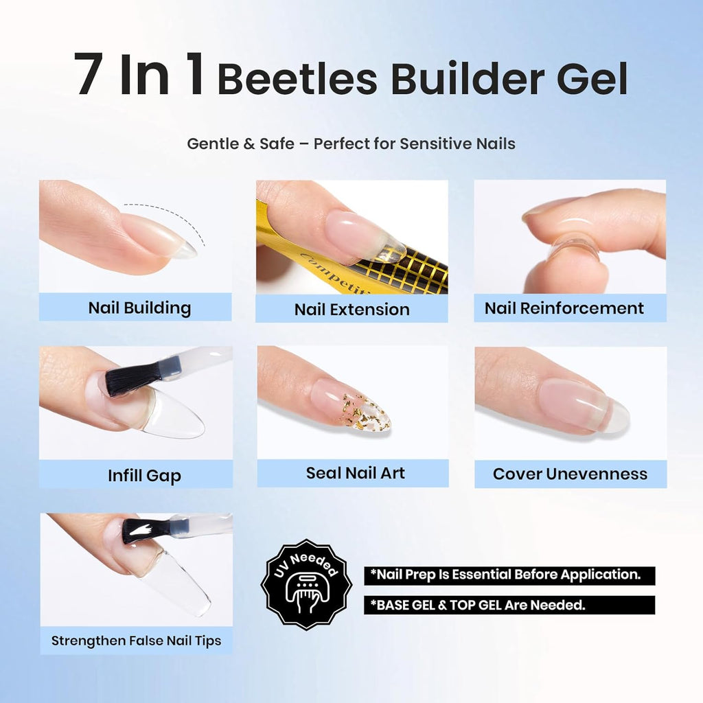 Beetles Builder Gel for Nails Low Heat, 0.5 oz 7 in 1 Clear Strengthener Gel with Liner Nail Brush for Nail Apex & Extension Strengthener Thickening Weak &Thin Nails Beauty Gift Sets for Women