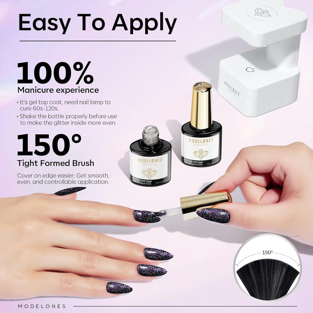 modelones Glitter Gel Nail Polish Top Coat, Rainbow Confetti Gel Top Coat with Scattered Sparkle Shimmer Sequins, Soak Off Long Lasting High Glossy Finish Home Salon DIY Manicure Nail Art 10 ML