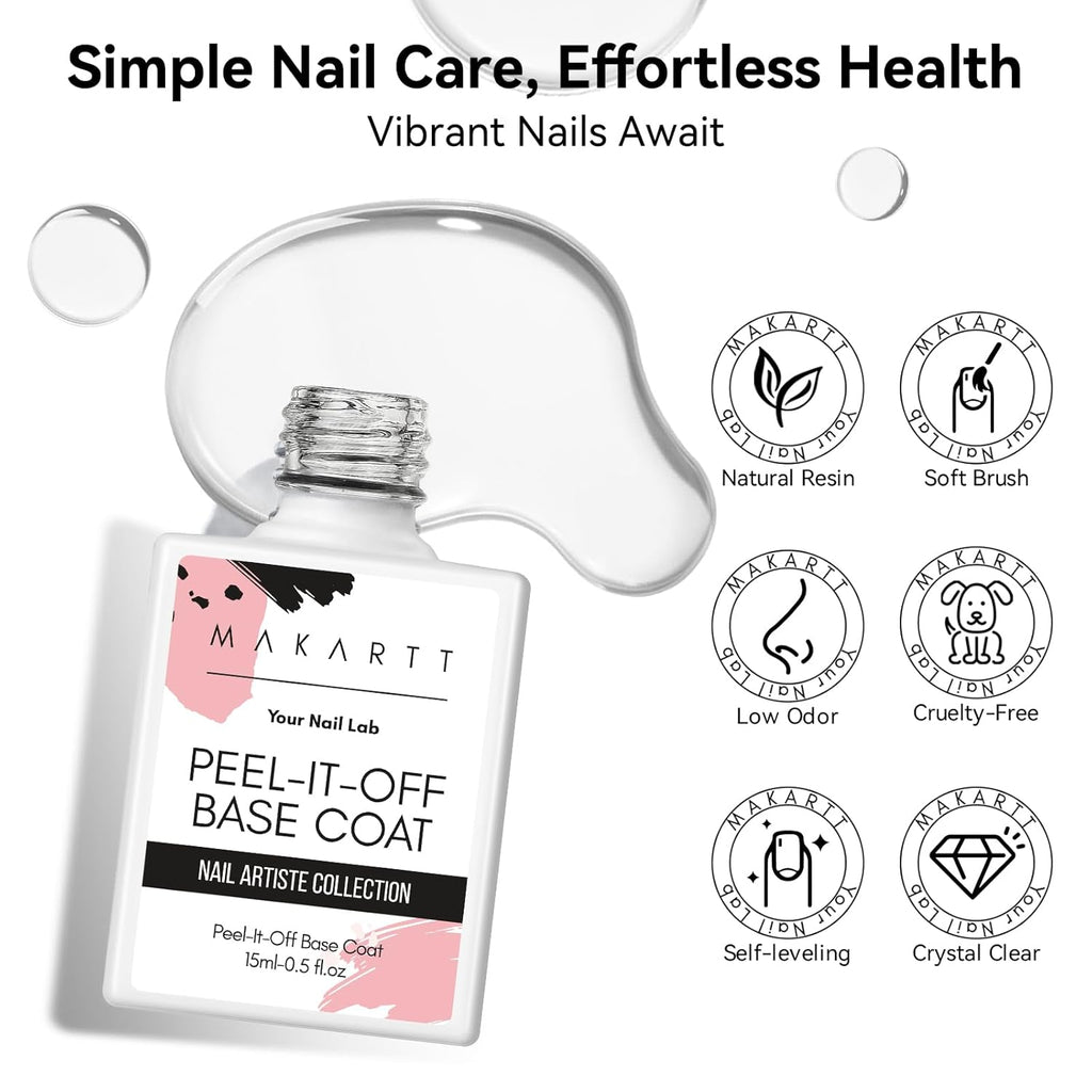Makartt Peel Off Gel Base Coat: 15ML UV Peelable Base for Gel Nail Polish, Press-On, Nail Tips – Easy Removal, No Soak-Off, UV LED Lamp Required, for Beginners Thin Nails