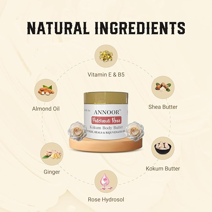 Kokum Patchouli Rose Body Butter Cream | 3 Oz | Enriched with Rose Hydrosol, Kokum Butter, Shea Butter, Almond Oil, Ginger, Vitamin E, and Vitamin B5 | Deeply Hydrating and Softening Cream