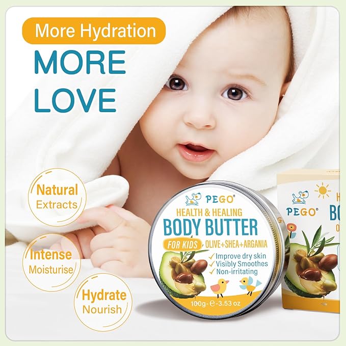 AOAO Body Butter for Kids - Prevents Cracked Skin Cream, Nourishing Moisturizing Kids Body Lotion - Shea Butter & Vitamin E Rich Formula, Paraben, Phenoxyethanol Free, 3.53 Oz/100g