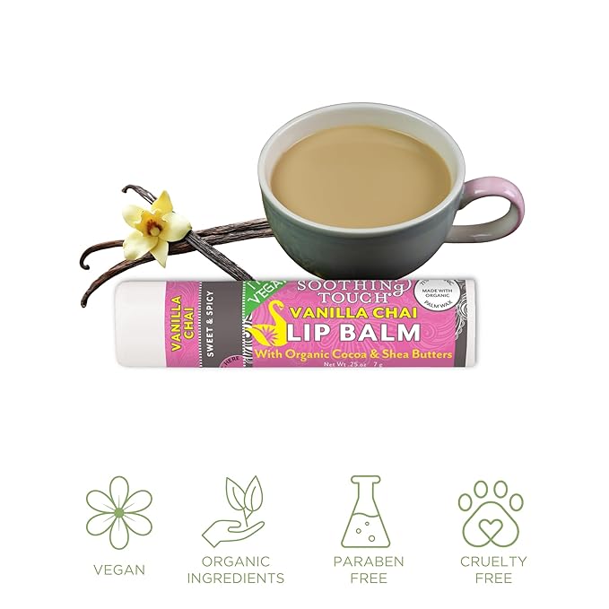 Vegan Lip Balm Set - Variety Pack of 3 Soothing Touch Lip Balms. Includes Bonus Muslin Pouch (3 x 4 in). Unique Gift Bundle from Tiny Seed (Lavender Coconut, Vanilla Chai, Vanilla Rose)