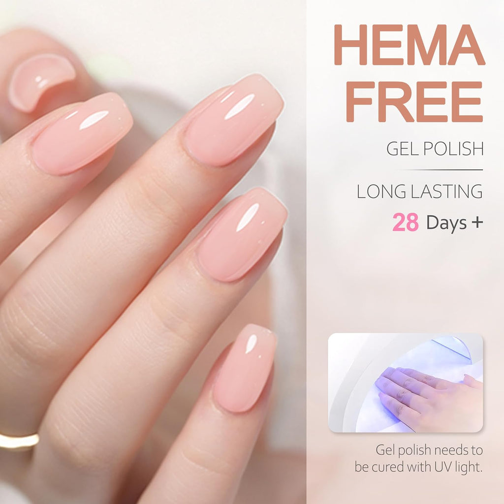 Rubber Base Builder Gel Strengthener Kit, With No Wipe Top Coat UV LED Curing, Hema Free, Vegan, Shinning Nude Pink Soak Off Gel Nail Polish for Nail Repair 6pcs X 5ml