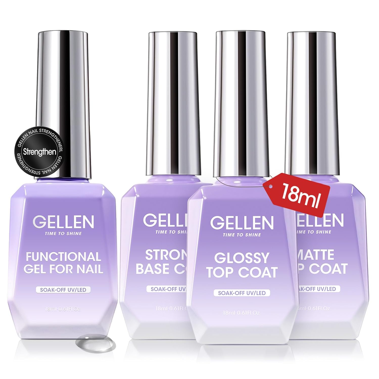 GELLEN 4Pcs Gel Top Coat and Base Coat with Nail Strengthener Set for Gel Nail Polish, 18ml Soak Off Nail Lamp Clear Nail Polish Set