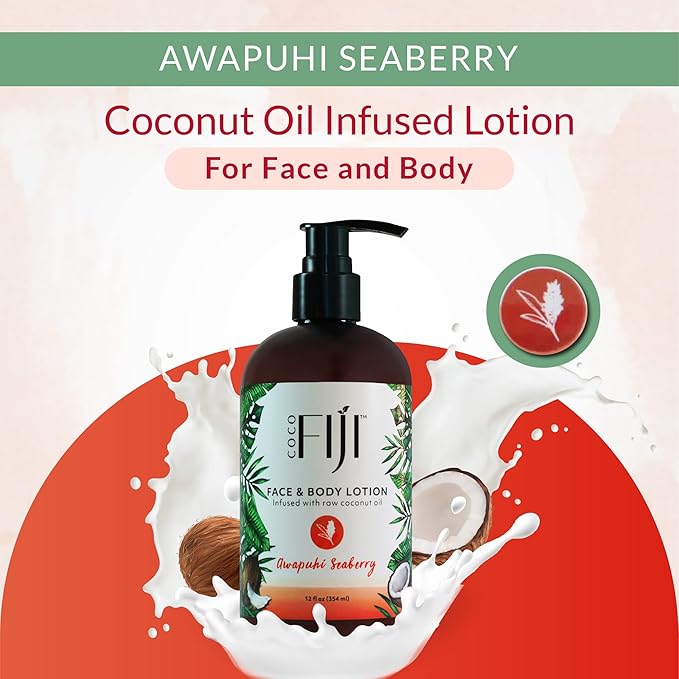 Coco Fiji Face & Body Lotion Infused With Coconut Oil | Lotion for Dry Skin | Moisturizer Face Cream & Massage Lotion for Women & Men | Awapuhi Seaberry 12 oz, Pack of 1