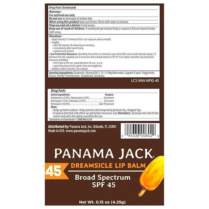 Panama Jack Sunscreen Lip Balm - SPF 45, Broad Spectrum UVA-UVB Sunscreen Protection, Prevents & Soothes Dry, Chapped Lips, Dreamsicle, Pack of 3