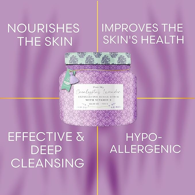Pink Sky Exfoliating Body Scrub - Ultra Gentle Sugar Scrub for Smooth Skin - Premium Body Scrubs for Radiant, Soft Skin - Ideal Exfoliator for All Skin Types - 700g (Eucalyptus Lavender, 24.69 Oz)