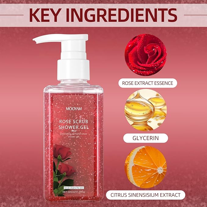 2-in-1 Body Wash & Body Scrub Rose (11.3fl.oz), Gentle Exfoliating Scrub for Deep Cleansing, Effective on Acne & Dead Skin, Brighten & Moisturize Skin Polishes
