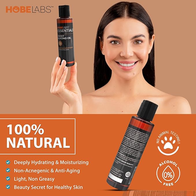 Hobe Labs Sweet Almond Oil, 4 oz - Skin Soothing Properties, Effective Emollient, Improves Skin Health, Fights Puffiness and Dark Circles, Non-Greasy Formula