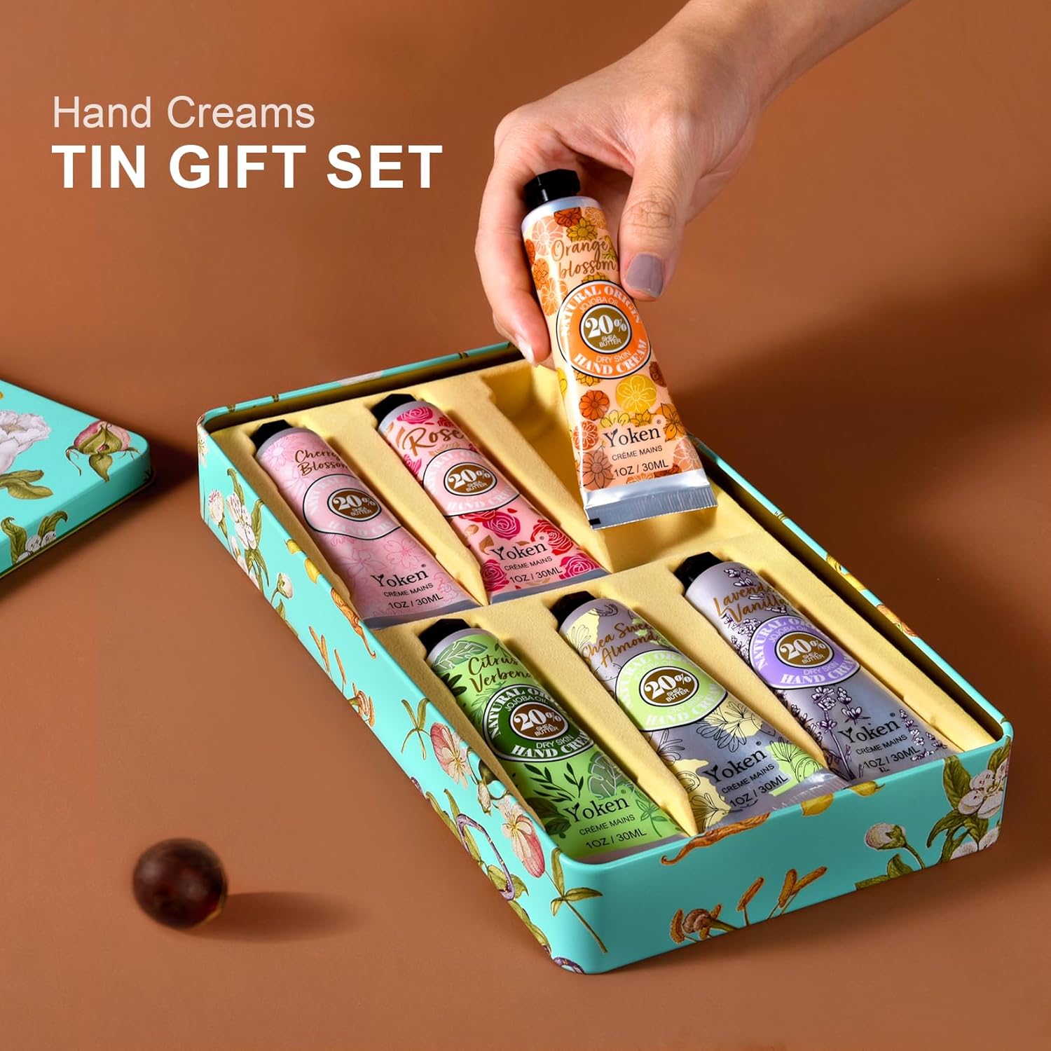 Yoken 20% Shea Butter Hand Cream Gift Set, Instant Moisturizing Hand Cream for Women Dry Hands with Delicate Tin, Floral-Scented Hand Lotion 6 x 1 OZ