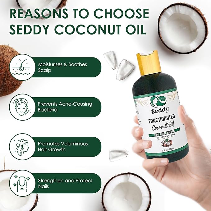 Seddy MCT Fractionated Coconut Oil - Unscented 100% Natural - Hexane Free - Premium Grade Daily Hydration Carrier Oil for Moisturizing Skin, Hair, and Body - 8 Fl. Oz