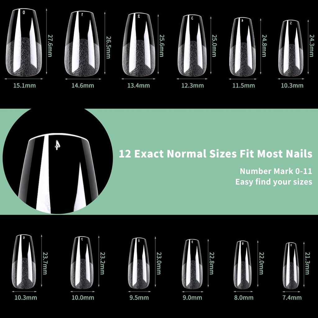Medium Coffin Nail Tips, 216pcs Acrylic Ballerina Soft Fake Nails Gel Nail Tips, Full Cover Pre-Shaped Matte Clear Press on Nails for Extension, Diy at Home Manicure 12 Sizes