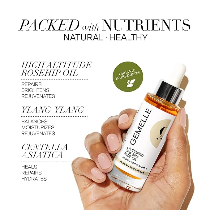 GEMELLE Lymphatic Gua Sha Face Oil | 6x Award Winner | Detox, Plump, Balance, Hydrate | High-Altitude Rosehip, Centella Asiatica & More! | Paraben-Free, Luxury Natural Skin Care 30ml