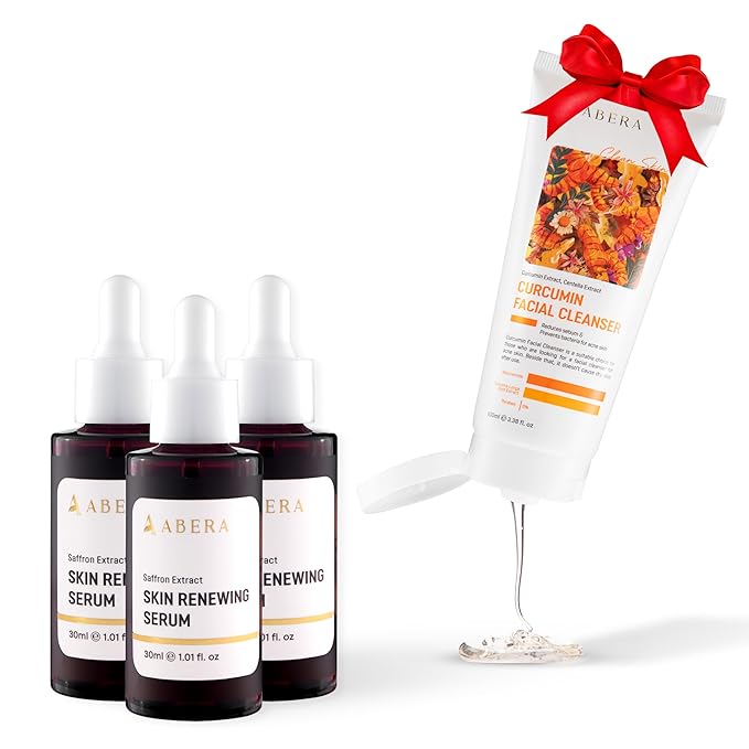ABERA Skin Renewing Serum For Melasma Treatment, High-Potency Saffron Extract + Gift Curcumin Face Cleanser with Turmeric, Face Wash to Reduce Sebum (3 Boxes + Gift)