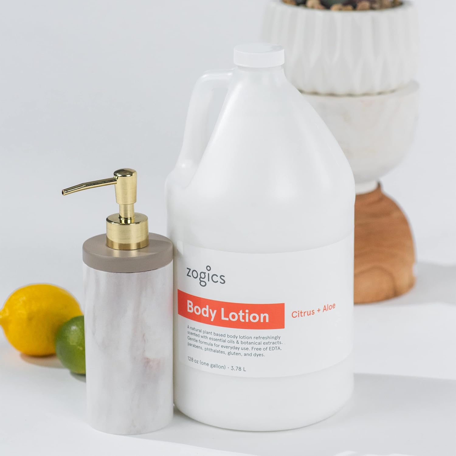 Zogics Moisturizing Body Lotion, Hydrating Body Lotion for Women and Men, Nourishing Formula Made with Essential Oils, Great for Refillable Lotion, Citrus and Aloe Scent (4 Gallons/Case)