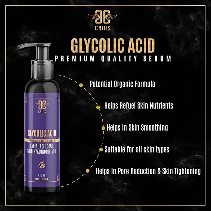 Glycolic Acid Face Serum with AHA 30% Renewal, Skin Brightening, Moisturizing, Pore Refining, Anti Aging, Exfoliating Serum 6 oz for Men & Women