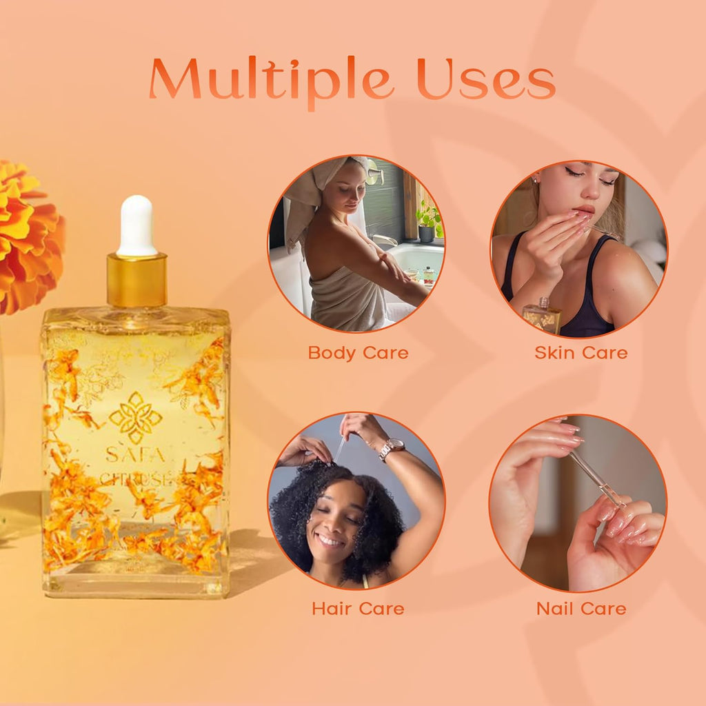 SAFA Citruse Oil for Face, Hair, Nail with Vitamin C, E & A for Scars, Stretch Marks - Orange Body Oil Fragrance - After Shower Body Oil - All Skin Types Non Comedogenic - 4 Fl Oz