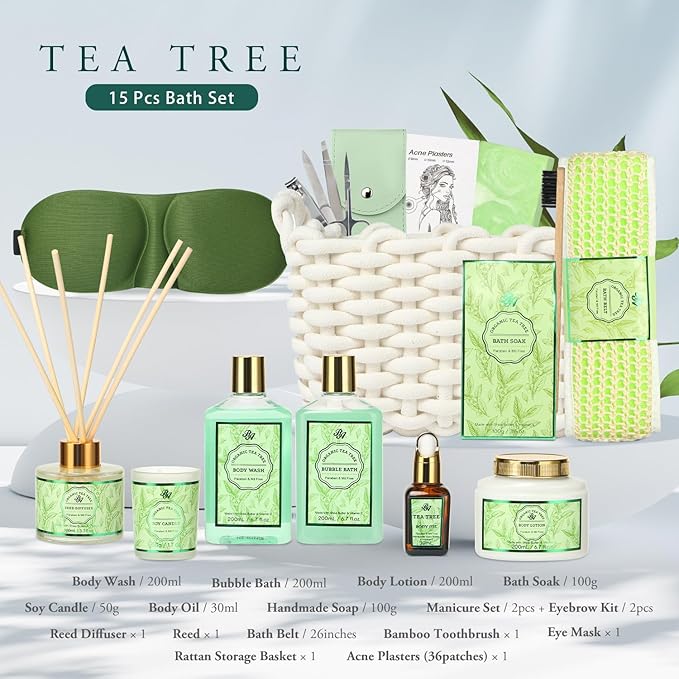 Mother's Day Gift Set, Spa Gift Set for Women & Men, 15pcs Spa Basket Set -Tea Tree Scented- includes Body Wash, Parfume Lotion, Bubble Bath, Bath Soak, Manicure Set, Gifts for Mom, Birthday Gifts