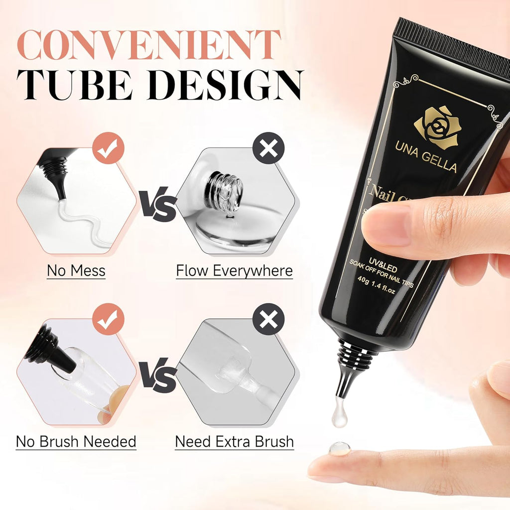 UNA GELLA Gel Nail Glue 80g Super Strong U V Solid Soft Gel Lamp Curing Needed Nail Glue 40g*2 for Acrylic Nail Tips for Fake Acrylic Press On Nails Extension Soak Off