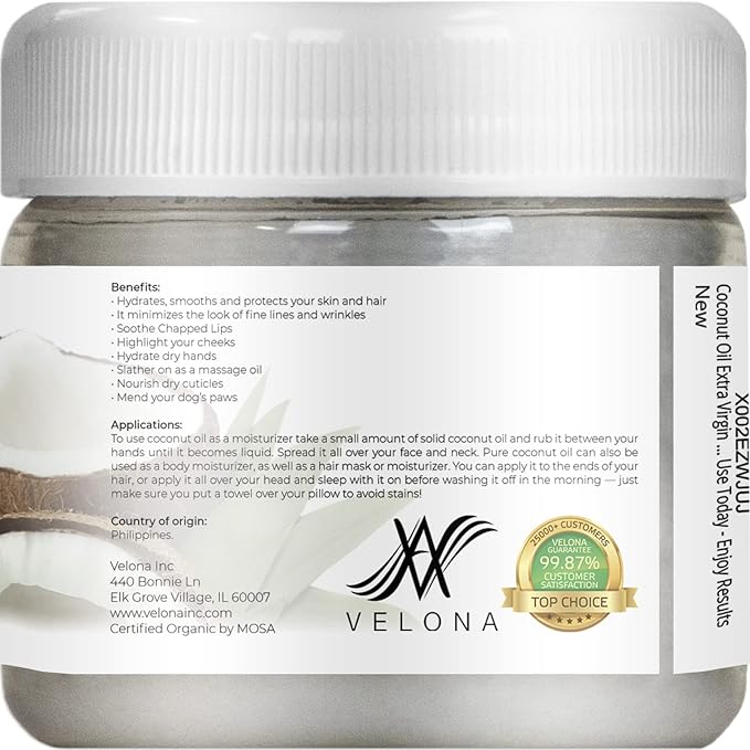 velona USDA Certified Organic Coconut Oil Extra Virgin - 2 fl oz | Food and Cosmetic Grade | in jar | Extra Virgin, Cold Pressed