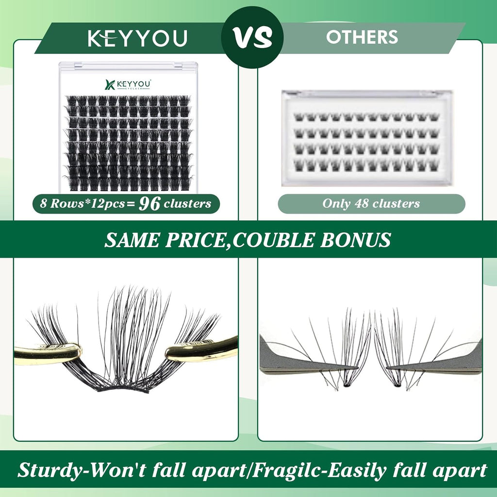 Lash Clusters 96pcs Individual Lashes Y04 D Curl 16mm Eyelash Clusters KEYYOU Volume Wispy Lash Extension Soft&Comfortable Easy DIY at Home(Y04,D-16mm)