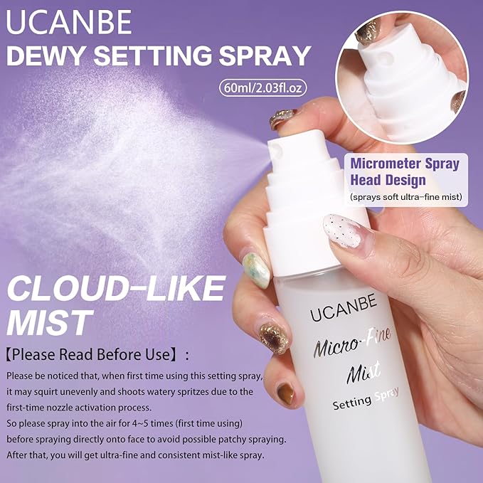 UCANBE Dewy Setting Spray for Makeup, Long Lasting Hydrating Make Up Finishing Spray for Face, Micro-Fine Mist Fixing Spray for Dewy Glow Finish, Lightweight & Waterproof for up to 16 Hours Wear