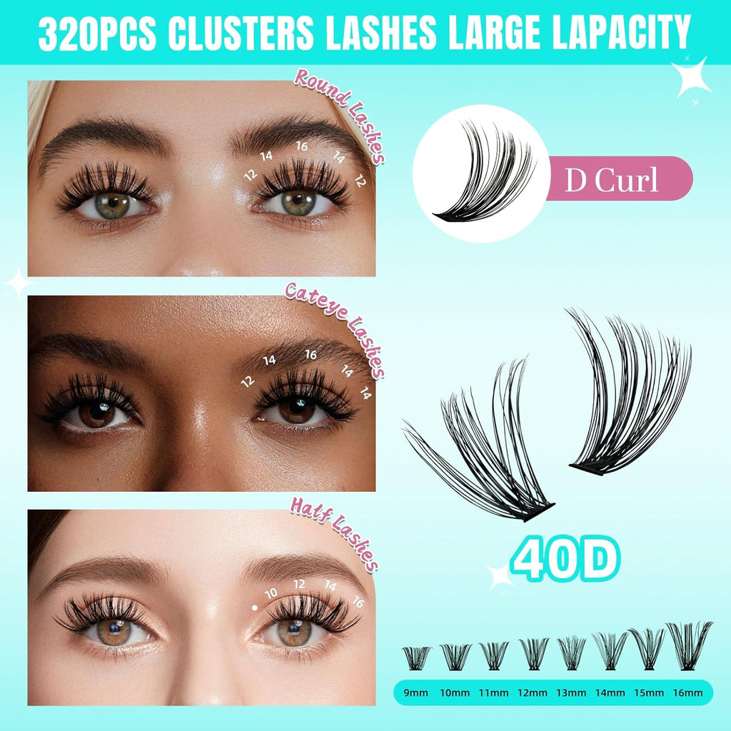 Lash Clusters Wispy 320PCS Eyelash Extension 40D Cluster Lashes Individual Lashes DIY Lash Extension Natural Look Cluster Eyelash Extensions Soft False Eyelashes at Home for Beginners(D-Mix9-16mm)