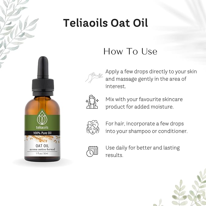 Teliaoils Oat Oil – Avena Sativa Kernel Oil – 100% Pure, Non-GMO, Vegan, Cold-Pressed, Soothing and Hydrating for Natural Skin and Hair Care 1 fl oz
