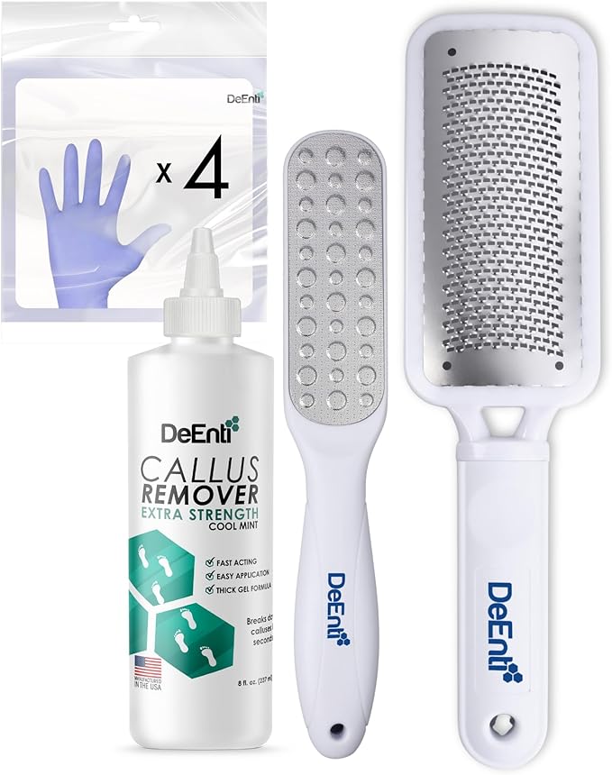 DeEnti Callus Maintenance Pack, Bundle Includes Mint Scented Callus Remover, Metal Foot Rasp, Foot File, and 4 Pairs of Gloves, Salon Grade Foot Care, Home Manicure and Pedicure Kit