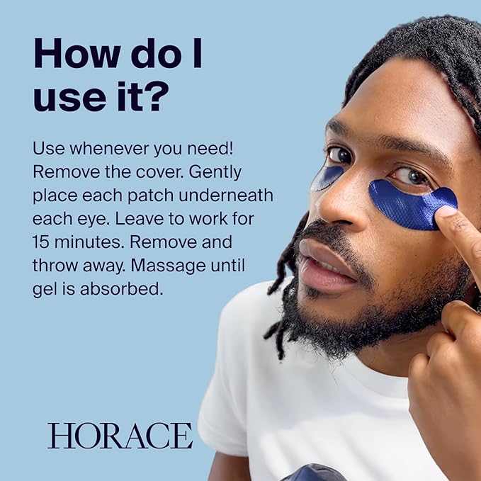 HORACE Anti-Fatigue Under-Eye Patches for Men - Dark Circle and Puffiness Reduction - Moisturising & Refreshing Hydrogel Treatment - Vegan and Silicon-free Skincare - Unscented, Pack of 5 Pairs