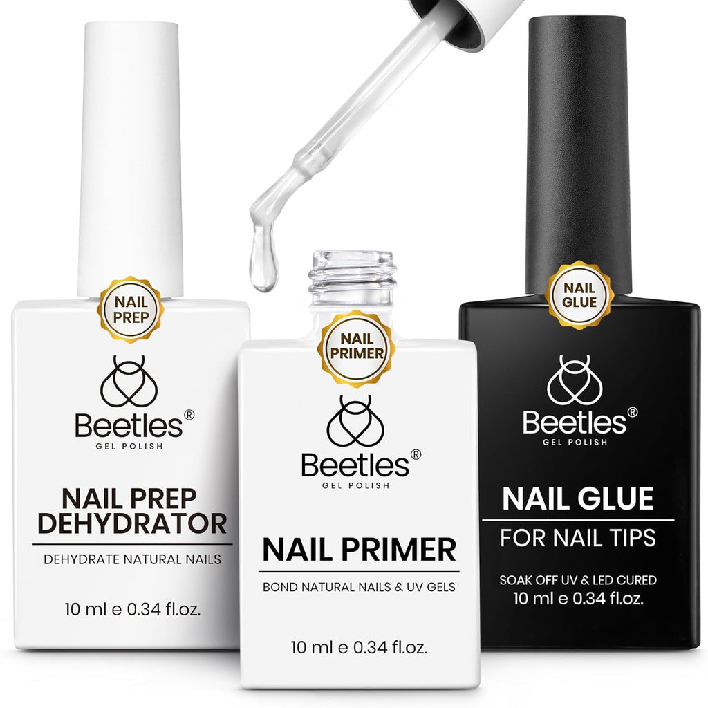 Beetles 3Pcs Gel Nail Glue Nail Dehydrator and Primer, Professional Nail Prep Acid-Free & Hema-Free Dehydrate Bond Primer 9 in 1 Gel Glue Kit for Press On Nails Nail Tips Nail Extension Gifts for Her