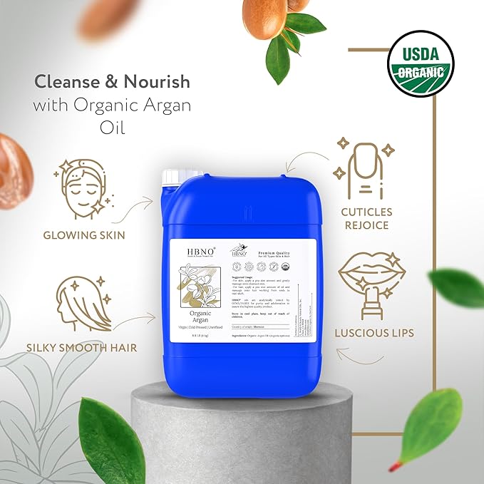 HBNO Organic Argan Oil - 8.8 lbs (4kg) - Ideal for Shampoos, Conditioners, Face wash, Lotions, and Skin care products.