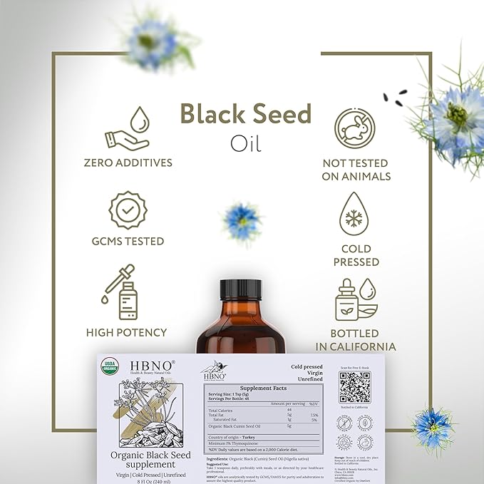 HBNO Organic Black Seed Oil 8 fl oz (240ml) Value Size - USDA Certified Organic Black Seed Oil Organic Cold Pressed - Black Cumin Seed Oil Organic