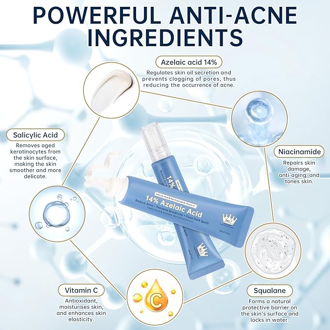 14% Azelaic Acid Acne Cream, 2PCS Azelaic Acid Serum with Hyaluronic Acid, Niacinamide & Squalane, Reduce Acne, Pore Refining & Oil Control, Face Moisturizer for All Skin Types